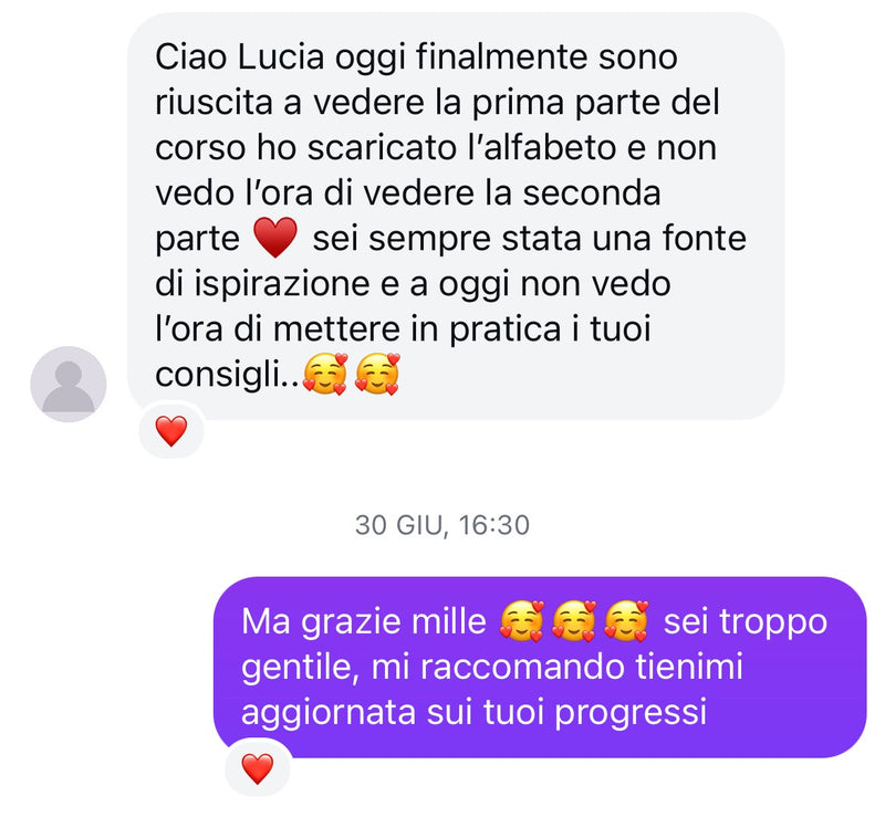 Messaggio di un'allieva dopo la prima parte del corso