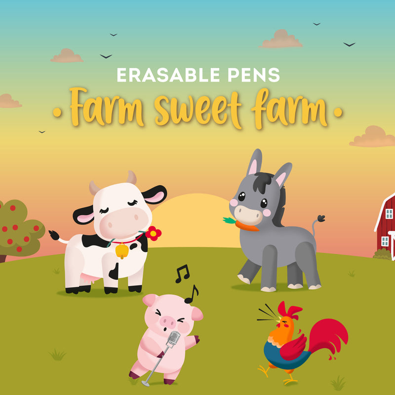 Erasable Pen Set di 4 Penne Gel Cancellabili - Farm Sweet Farm