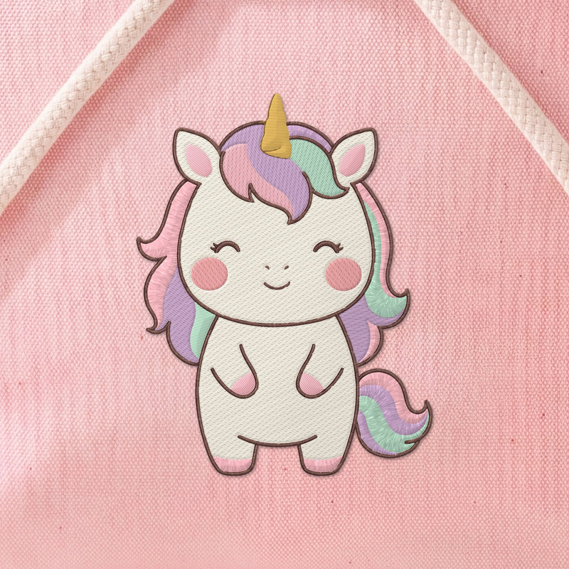 Dettaglio della versione ricamata: unicorno ricamato a filo